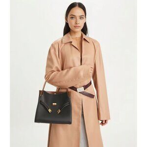 Tory Burch Lee Radziwill Small Double Leather Top-Handle Bag NWT Black/Brow/Tan